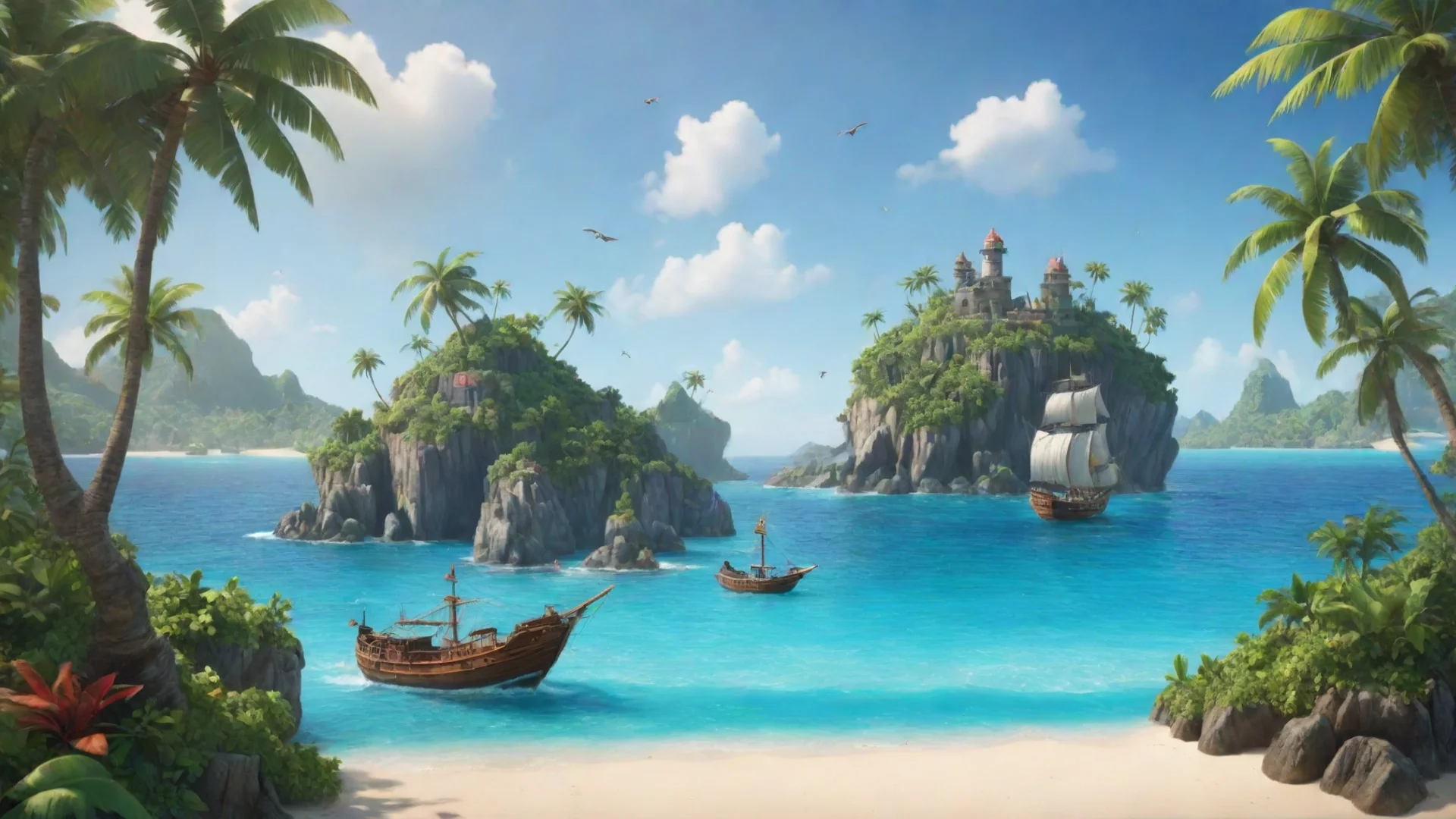 aitrending landing page  4k%3A an adventurous landing page for a game%2C tropical island and ship background image good looking fantastic 1 wide
