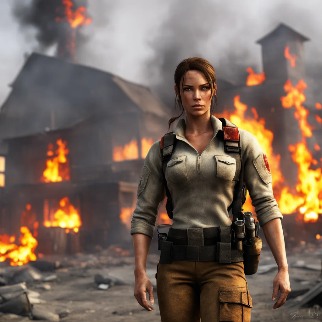 aitrending lara croft as a fire fighter%2C burning house on the background good looking fantastic 1