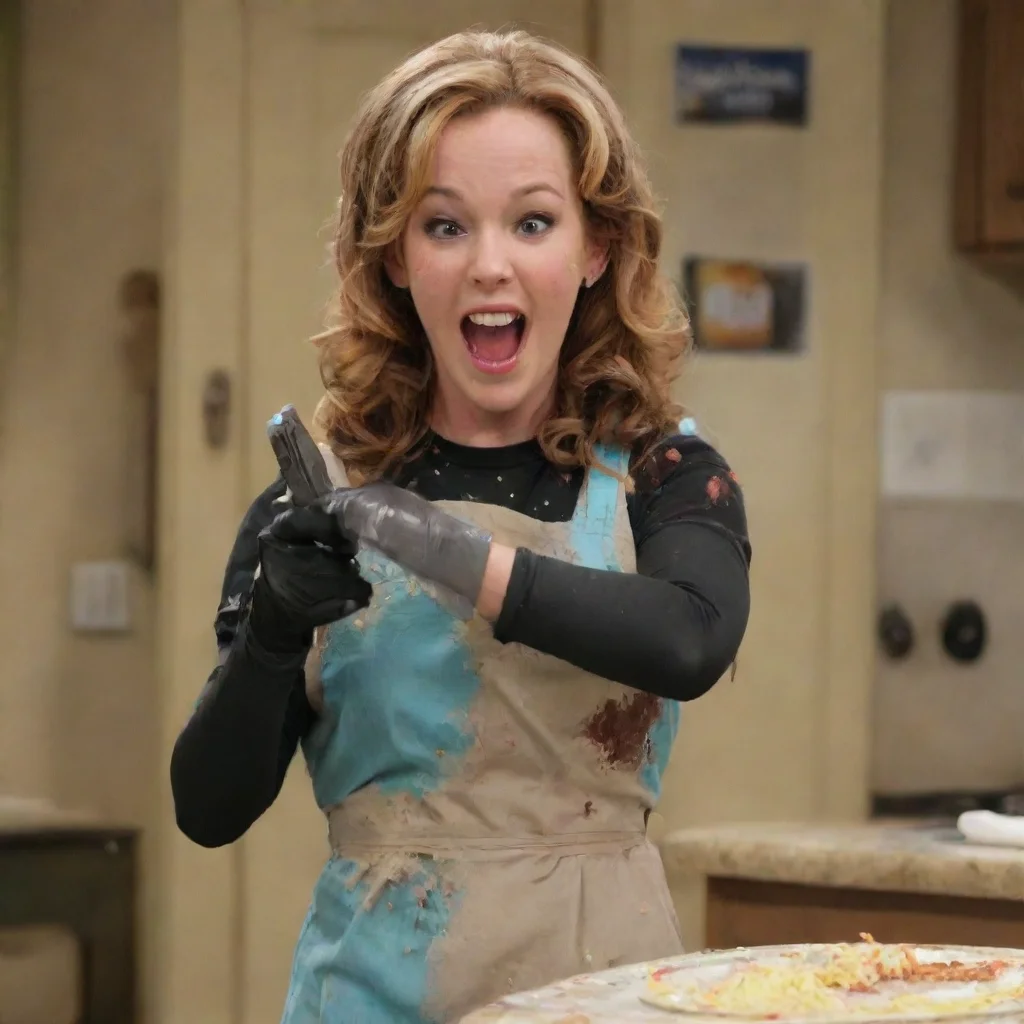 aitrending leigh ann baker as amy duncan from good luck charlie  smiling with black nitrile gloves and gun and mayonnaise splattered everywhere good looking fantastic 1