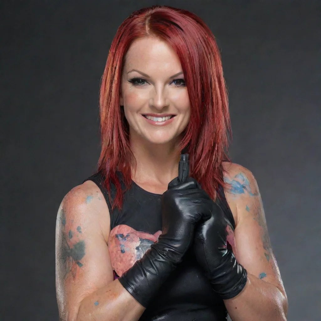 aitrending lita wwe smiling  with black nitrile gloves and gun  and  mayonnaise splattered everywhere good looking fantastic 1