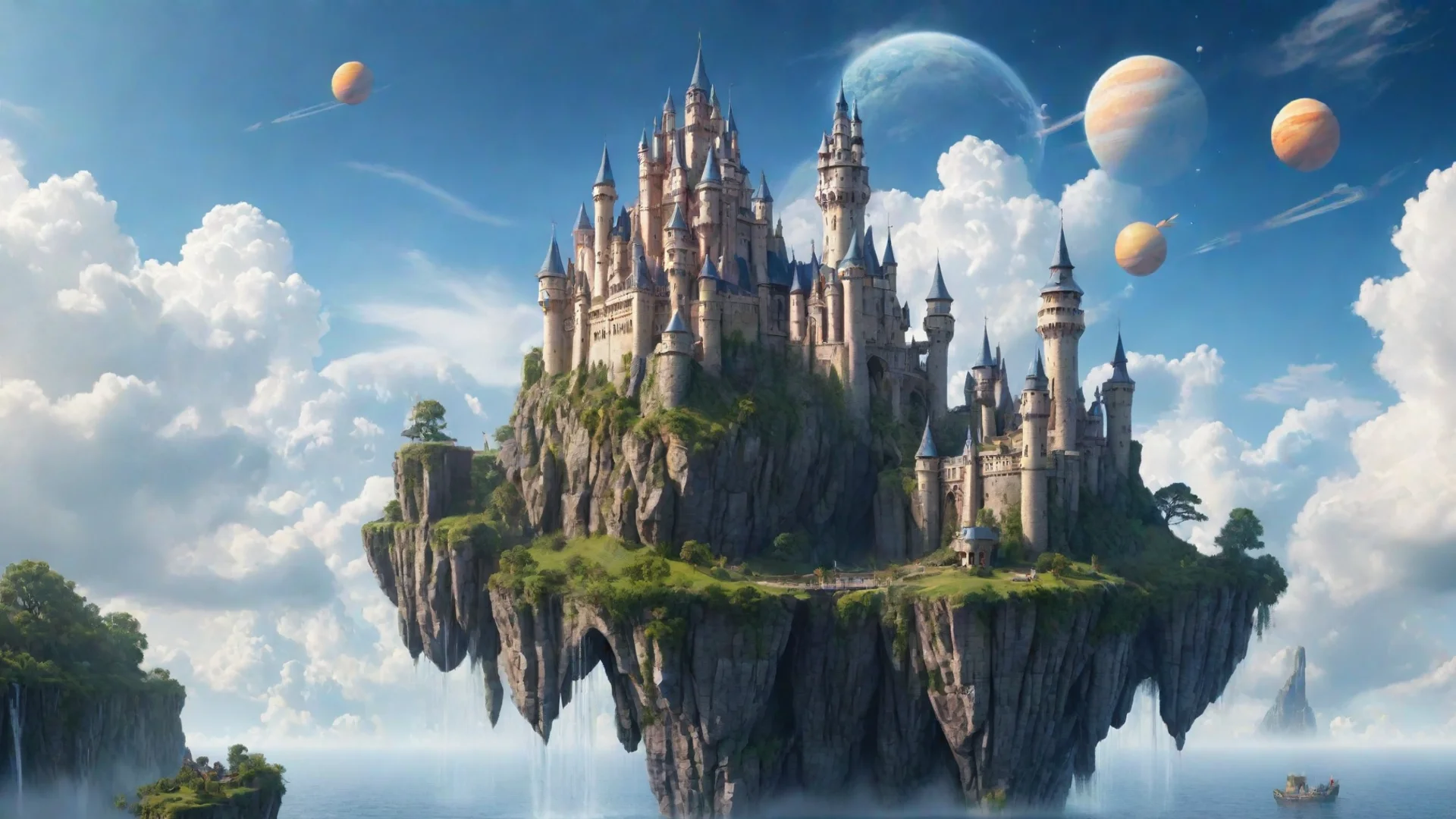 aitrending logo saying stable diffusion   peaceful castle in sky epic floating castle on floating cliffs with waterfalls down beautiful sky with saturn planets good looking fantastic 1 wide