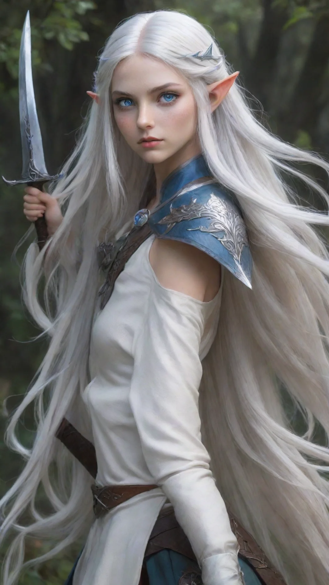 aitrending long white haired elf girl with blue eyes and a glaive good looking fantastic 1 tall