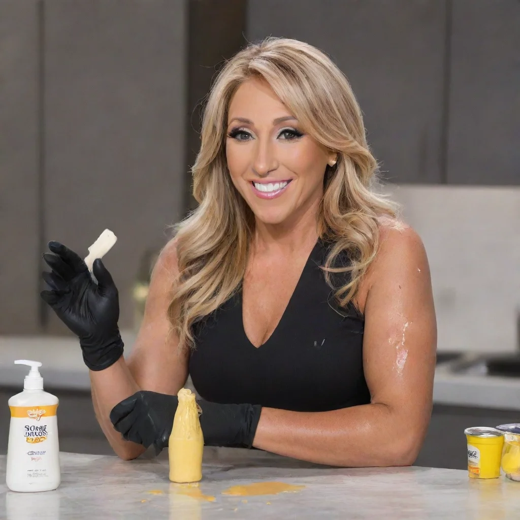 trending lori greiner from shark tank smiling  with black deluxe nitrile gloves and gun and mayonnaise splattered everywhere good looking fantastic 1