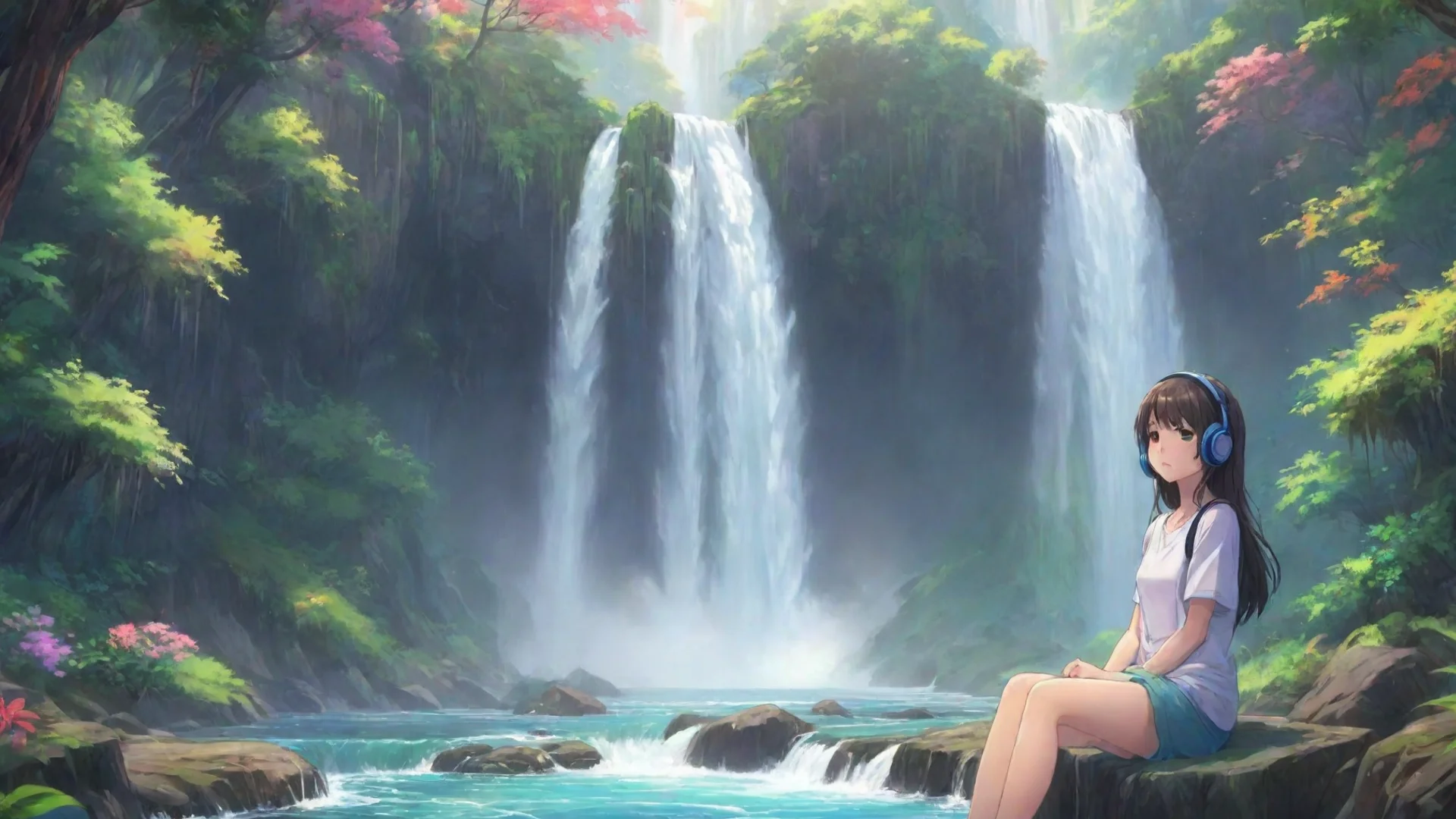 trending lowfi relaxing calming chill girl with headphones on colorful chilling relaxing with lush wonderful environment waterfalls rainbows hd anime good looking fantastic 1 wide
