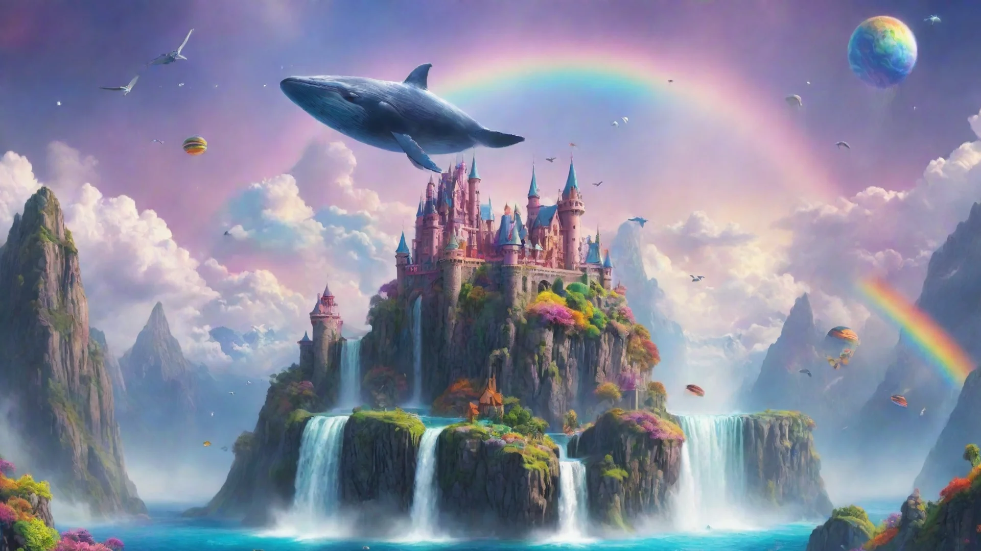 trending magical world flying whale castle in skky planets waterfall rainbow aesthetic omg colorful  good looking fantastic 1 wide