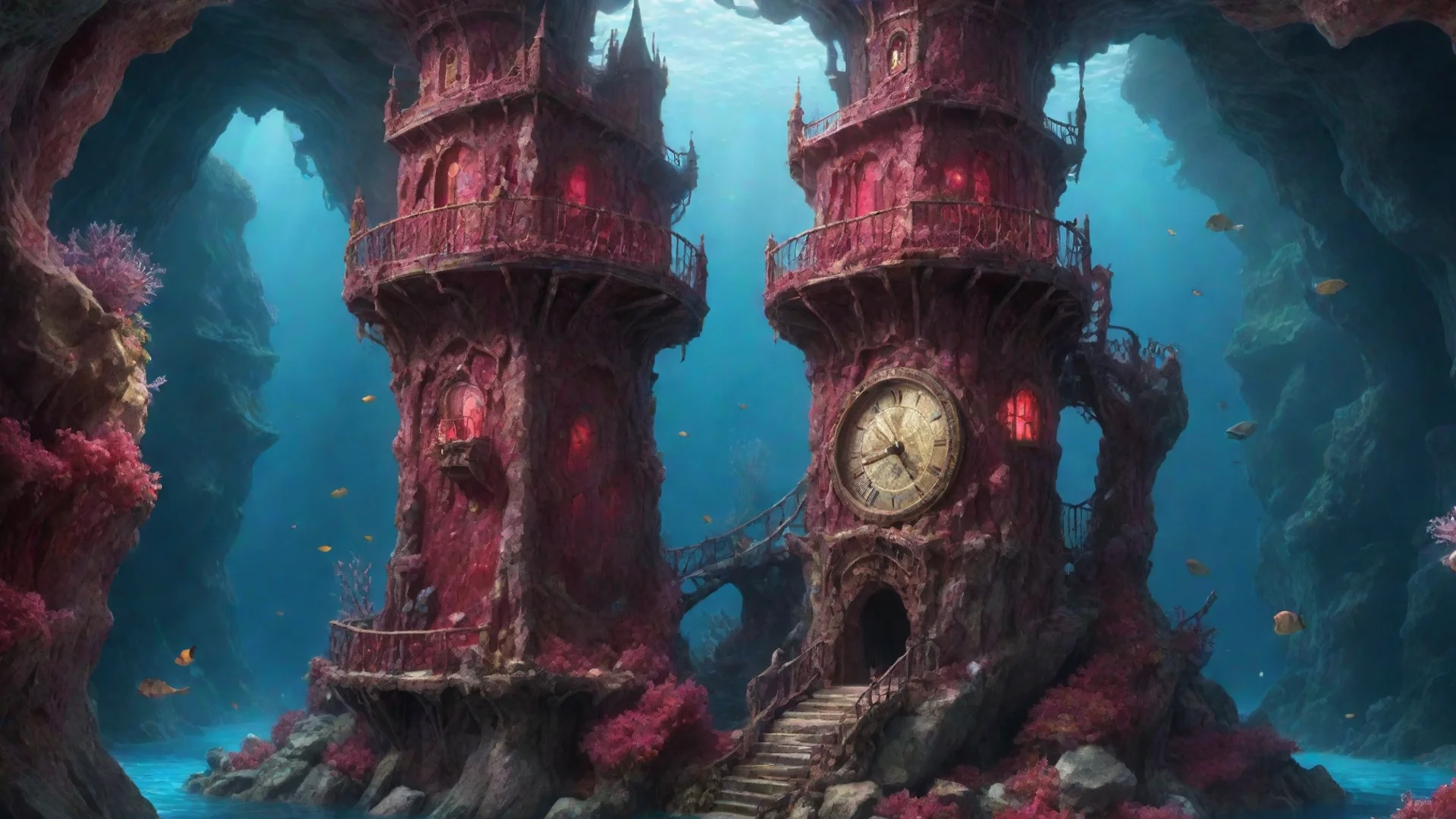 trending magnificent fantasy watch tower inside ruby crystal in an undersea subterranean landscape highly detailed intricate octa good looking fantastic 1 wide