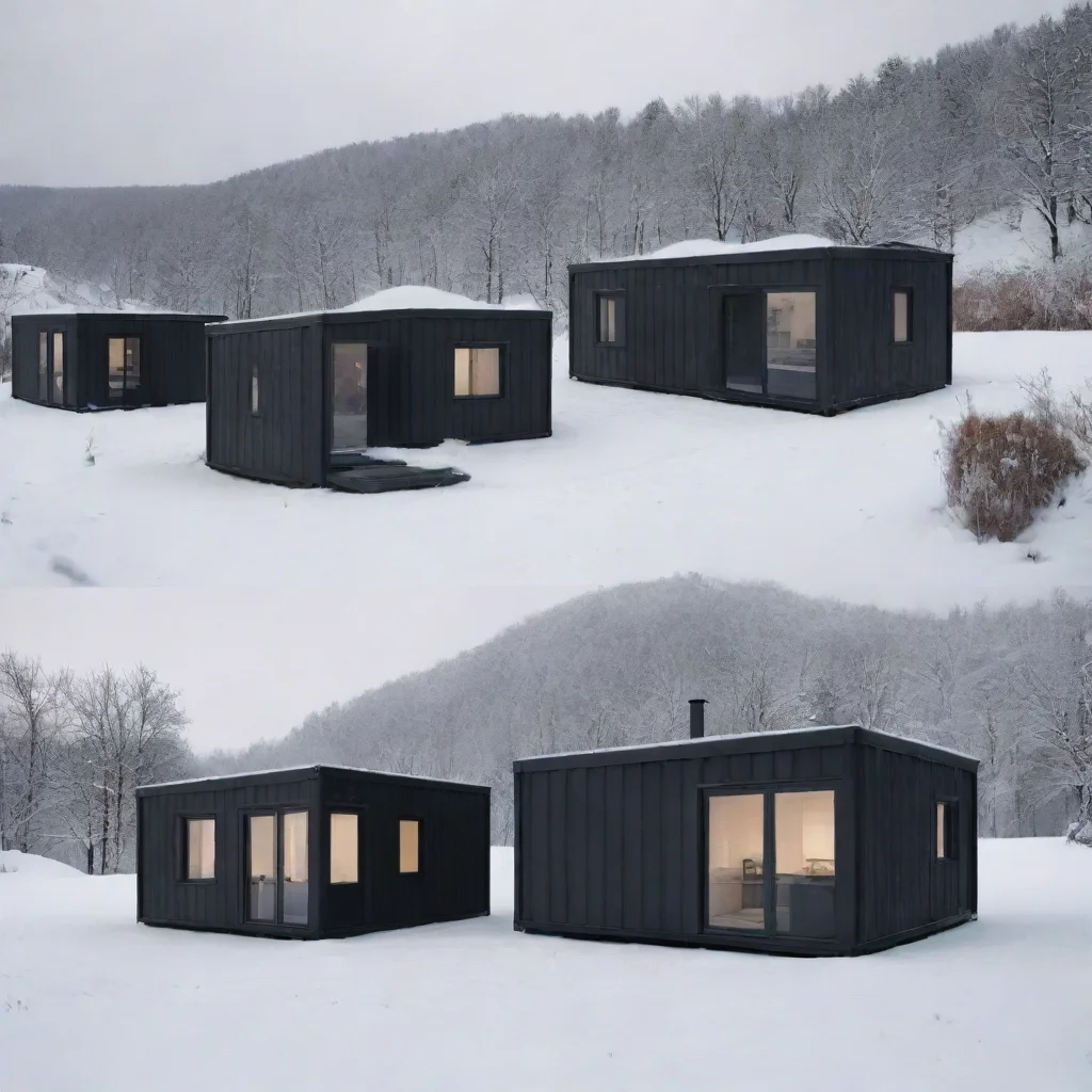 aitrending make me a project in the snow with hyperrealistic images 8k of a project of 6 small houses made of modern furnitures and black containers good looking fantastic 1