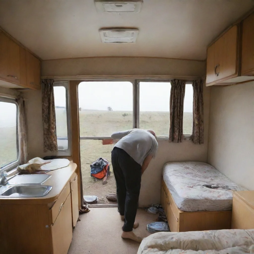 aitrending man leaning into a caravan%2C seeing a mess%2C point of view%3A from the bedroom of the caravan good looking fantastic 1