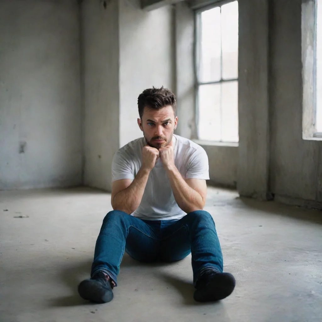 aitrending man sitting on the floor%2C visibly distraught%2C clenched fists%2C looking at the camera%2C inside a concrete room with a window fantastic good looking fantastic 1