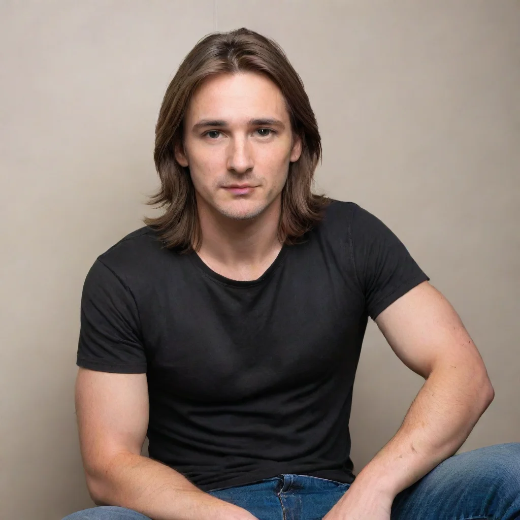 aitrending man with brown hair%2C brown eyes%2C black t shirt%2C and jeans sitting%2C long hair%2C tummy%2C tight shirt%2C narrow waist good looking fantastic 1