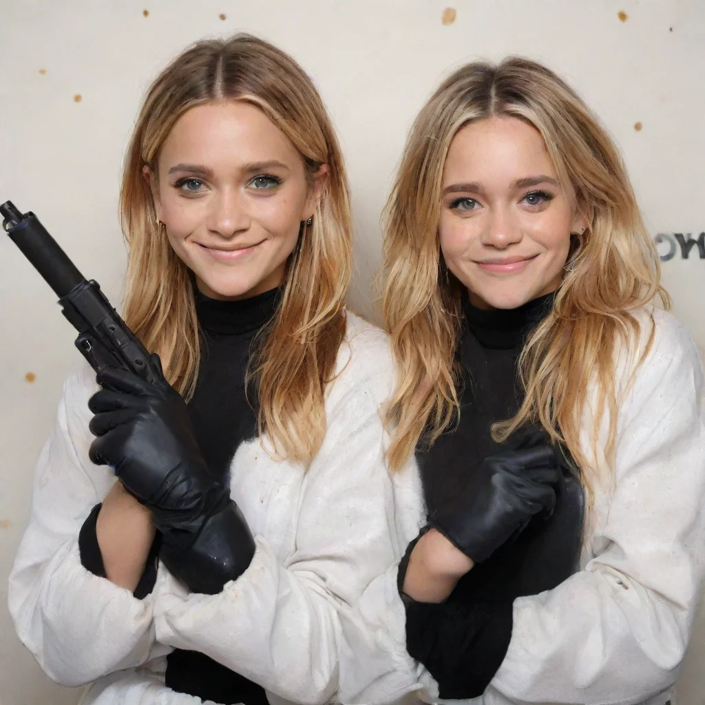 aitrending mary kate and ashley olsen  smiling  with black nitrile gloves and gun and mayonnaise splattered everywhere good looking fantastic 1