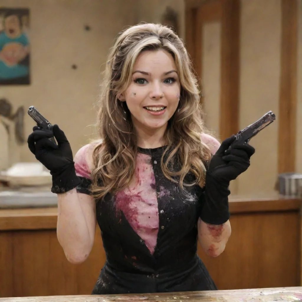 aitrending mary scheer actress as mrs. benson from icarly  with black gloves and gun and mayonnaise splattered everywhere good looking fantastic 1