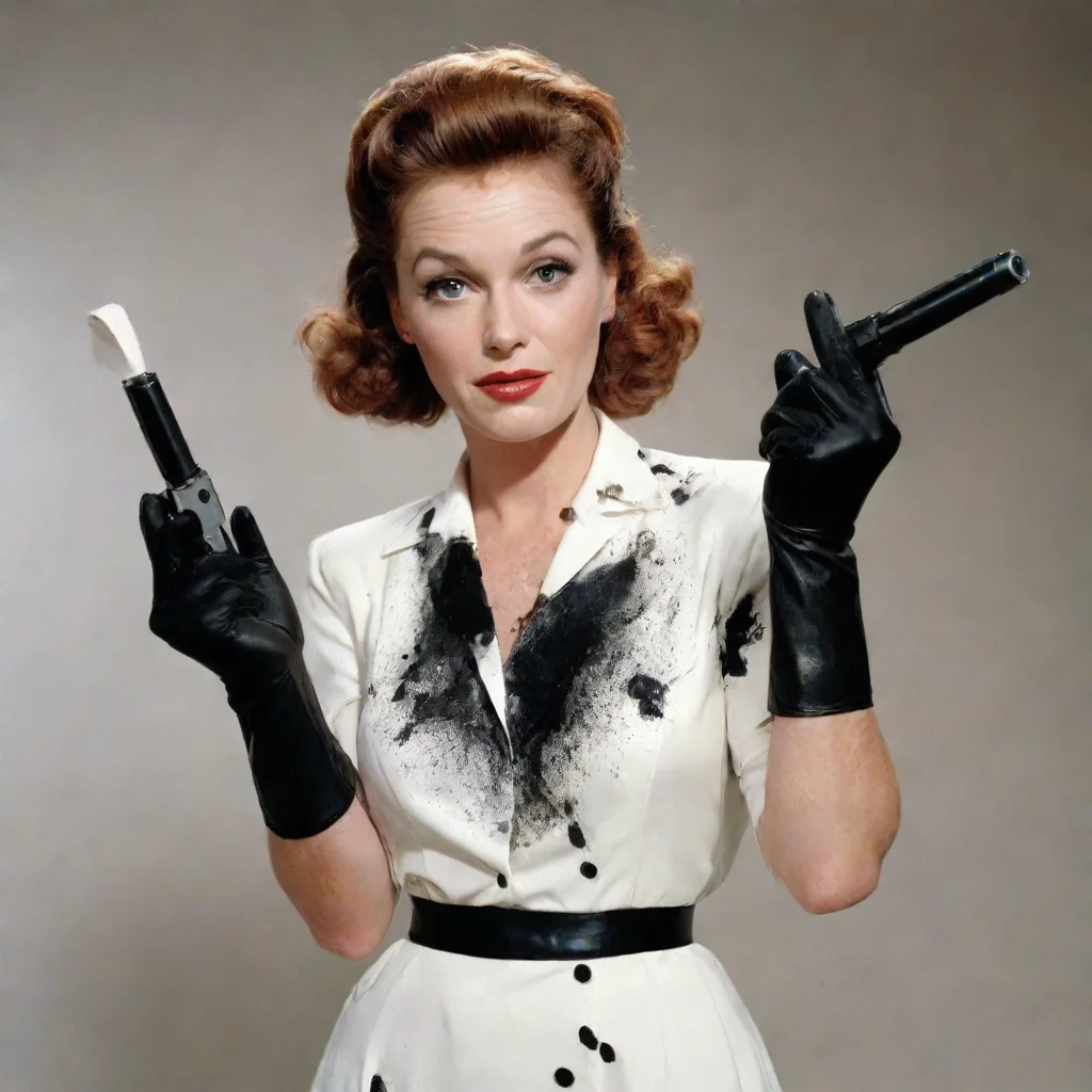 trending mary scheer american actress and comedian  with black gloves and gun and mayonnaise splattered everywhere good looking fantastic 1