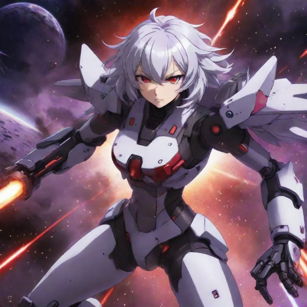 aitrending mecha pilot purple red eyes short silver hair anime space background battlecruiser lasers explosions fighting good looking fantastic 1