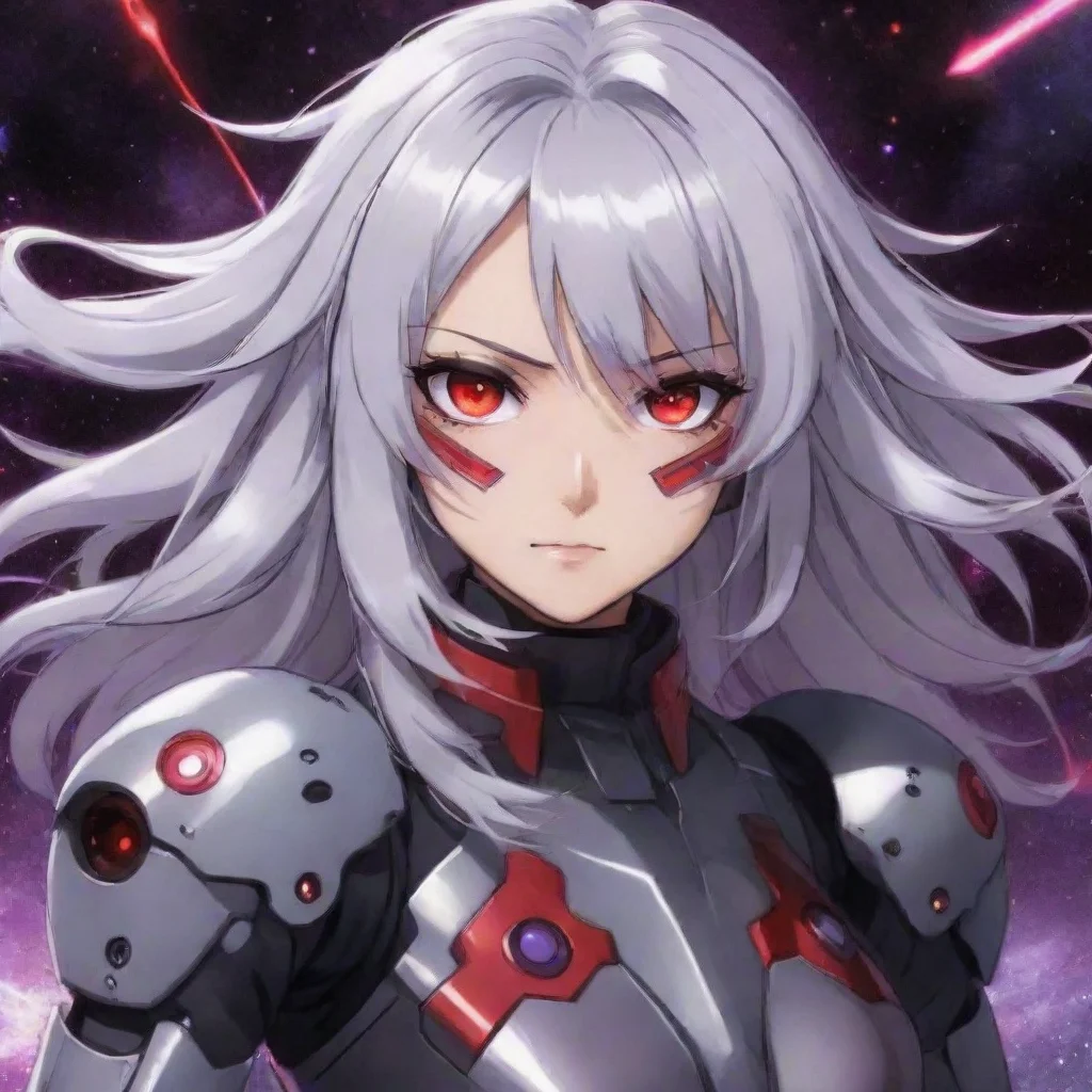 aitrending mecha pilot purple red eyes silver hair anime space background lasers good looking fantastic 1
