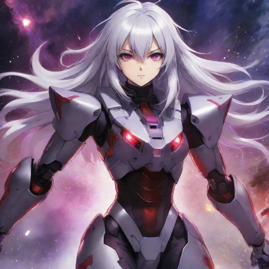 trending mecha pilot red purple eyes silver hair anime space background lasers explosions good looking fantastic 1