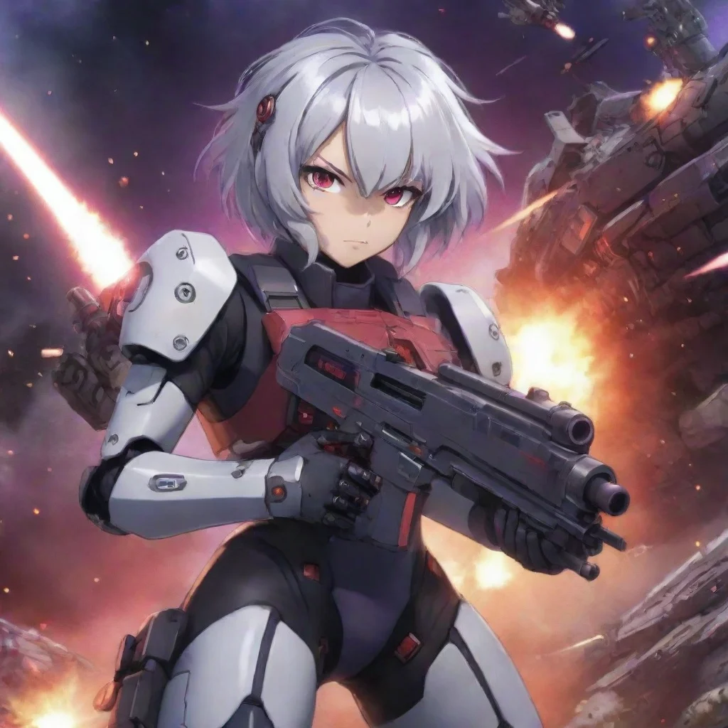 aitrending mecha pilot with gun%2C purple red eyes%2C short silver hair%2C anime space background%2C battleship%2C fighting%2C explosions%2C lasers good looking fantastic 1