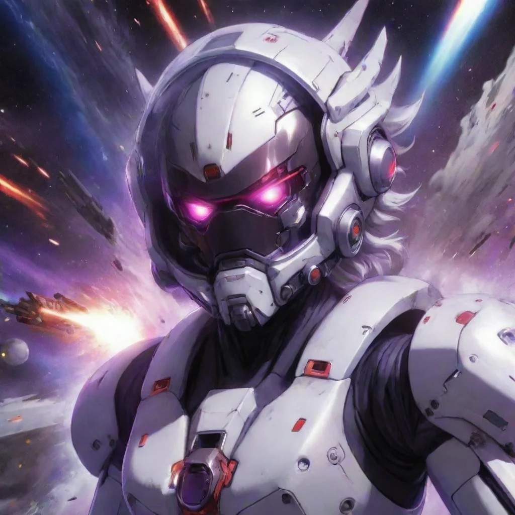 aitrending mecha pilot with helmet and spacesuit silver hair red purple eyes anime space background lasers explosions spaceship fighting good looking fantastic 1
