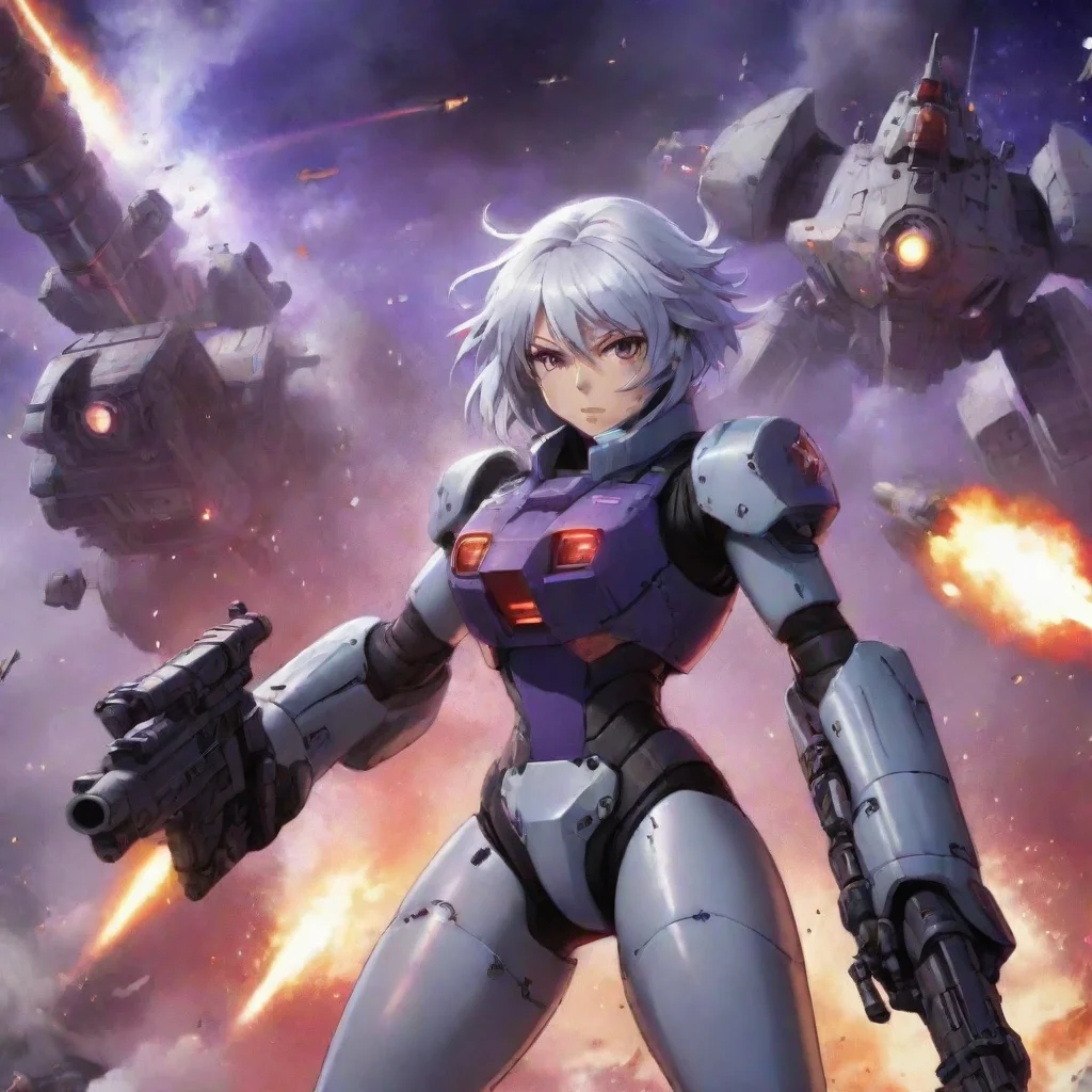 aitrending mecha pilot with rocket launcher%2C short silver hair%2C purple red eyes%2C anime space background%2C battleship%2C lasers%2C explosions%2C fighting good looking fantastic 1