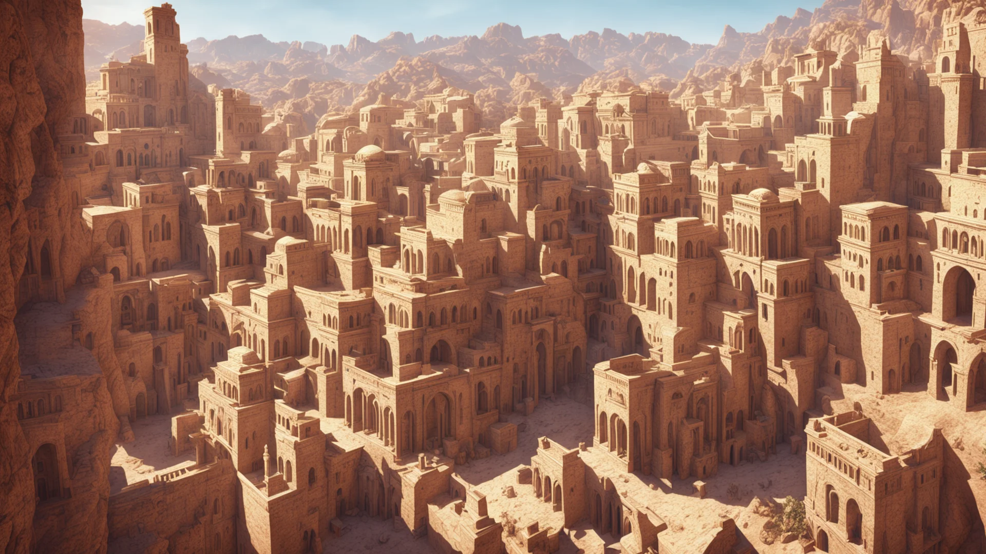trending middle eastern city in canyon ornate architecture by marc simonetti natural volumetric lighting long shot realistic 4k octane beautifully detailed render  good looking fantastic 1 wide