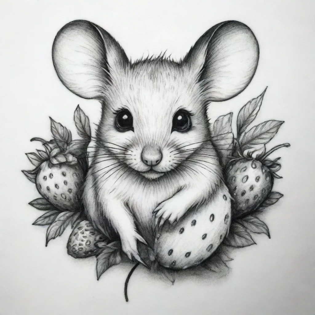 aitrending mouse with a strawbeery tattoo fine line black and white good looking fantastic 1