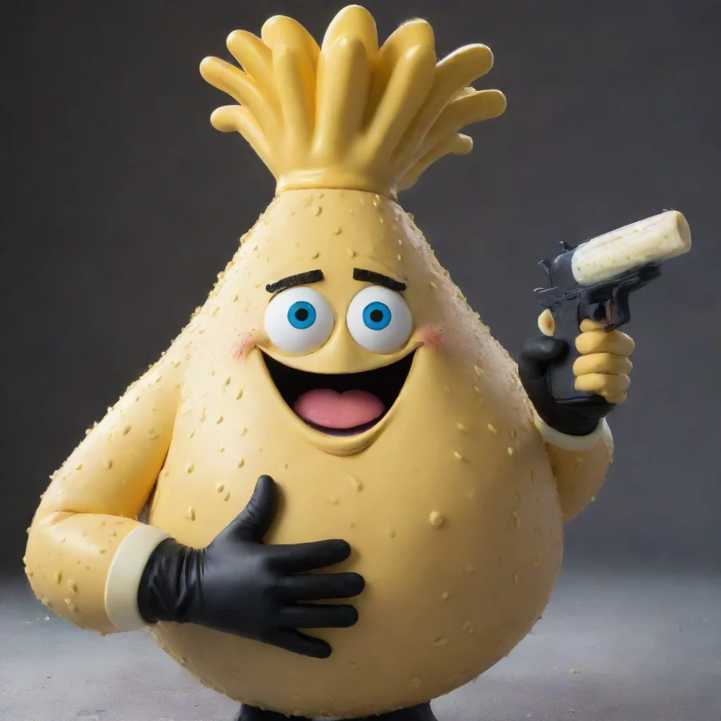 aitrending mrs. puff smiling with black deluxe nitrile gloves and gun and mayonnaise splattered everywhere good looking fantastic 1