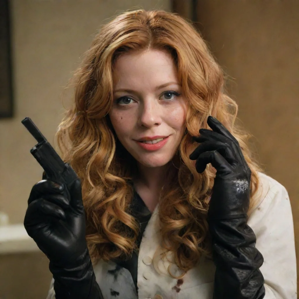 aitrending natasha lyonne from poker face  smiling with black nitrile gloves and gun and mayonnaise splattered everywhere good looking fantastic 1