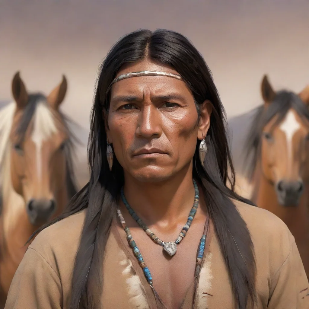 aitrending native american man portrait in 3d digital art with mustang horses in the background%2C change face anime good looking fantastic 1