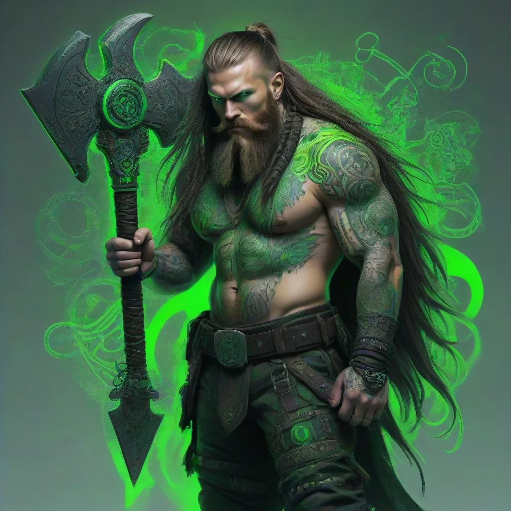 aitrending neon tattooed cyberpunk viking double axe wild beard long hair matrix green good looking fantastic 1