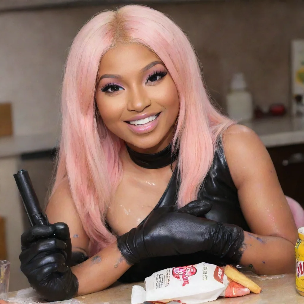trending nicki minaj smiling with black deluxe nitrile gloves and gun and mayonnaise splattered everywhere good looking fantastic 1