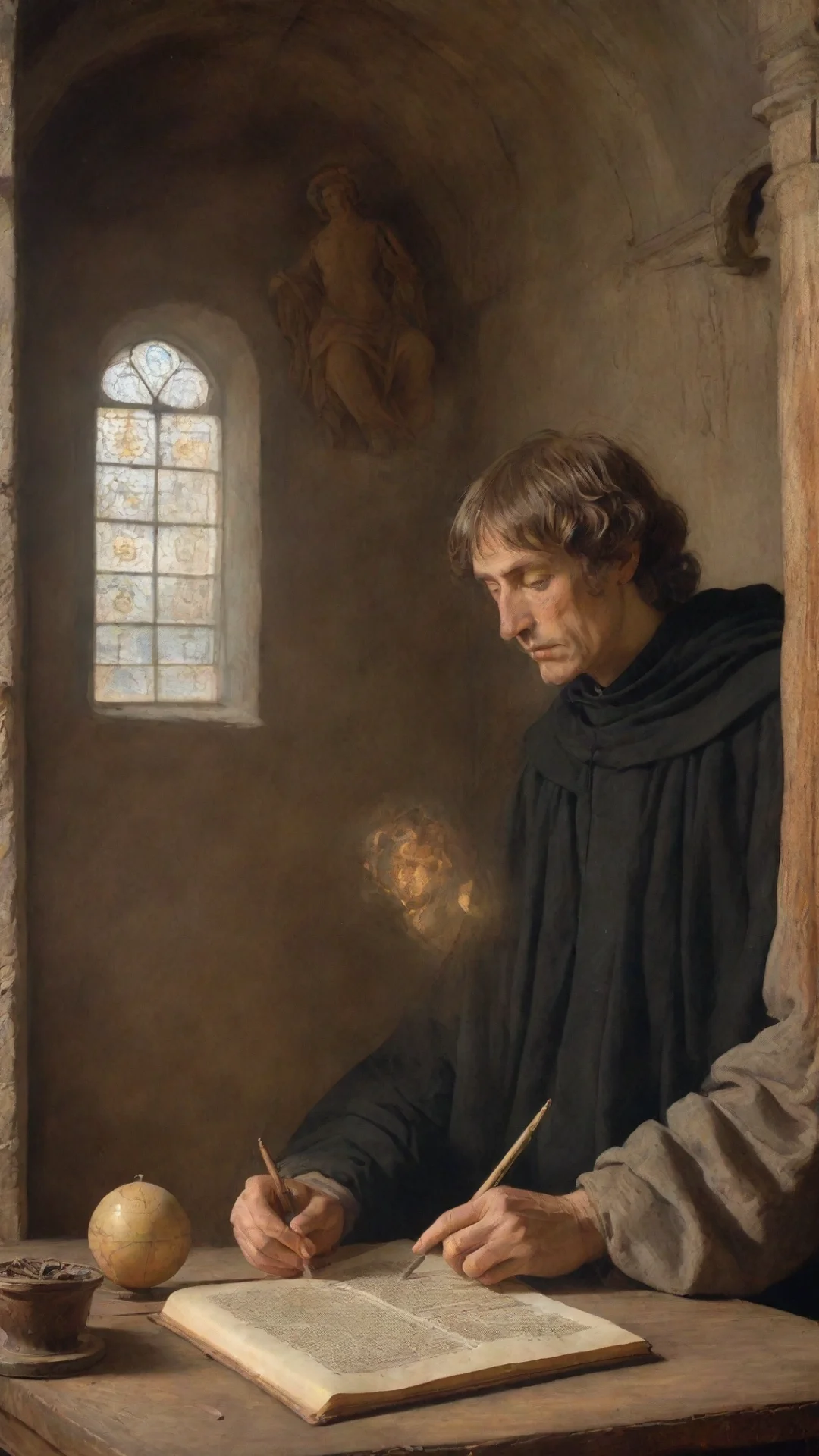 aitrending nicolaus copernicus studies on his heliocentric idea in a christian monastery in the morning%2C medieval%2C beautiful lighting%2C pyrography good looking fantastic 1 tall