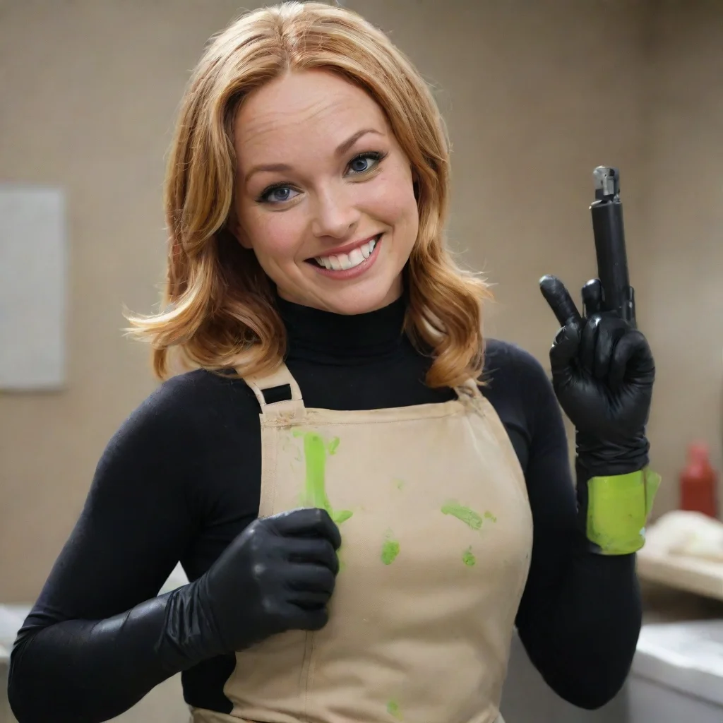 aitrending nicole sullivan from kim possible  smiling with black nitrile gloves and gun and mayonnaise splattered everywhere good looking fantastic 1