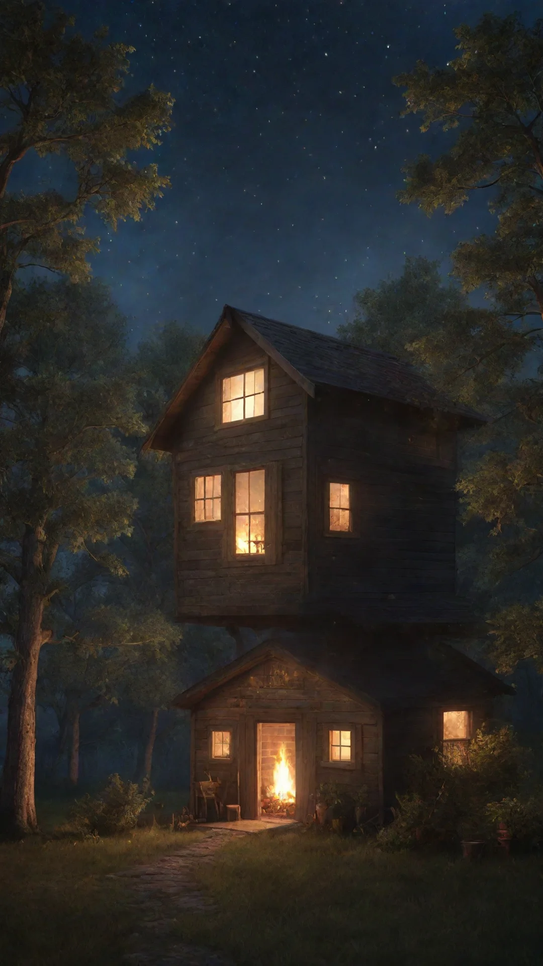 trending night time shed with stars and trees with a warm glow from the windows and a smoking fire. magical and hyper realistic good looking fantastic 1 tall