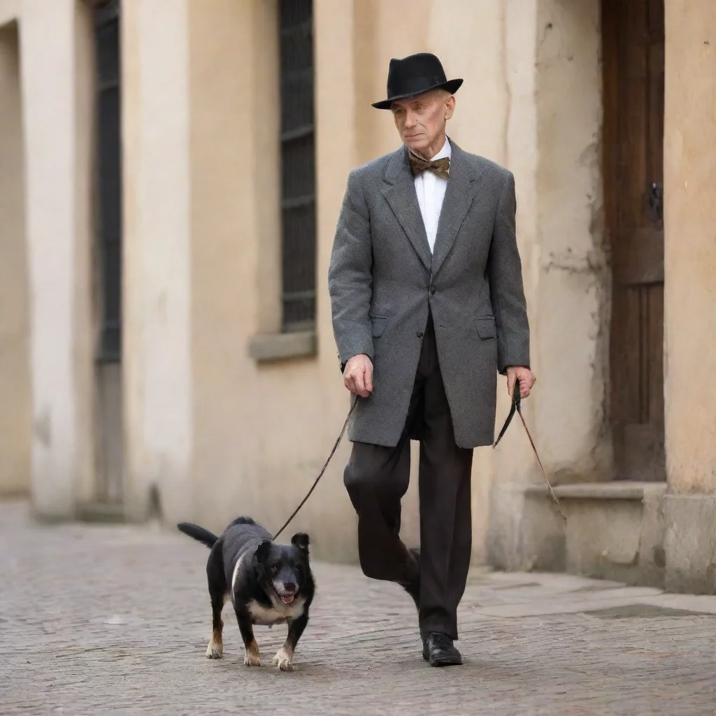 trending old elegant man walking his dog slave  good looking fantastic 1