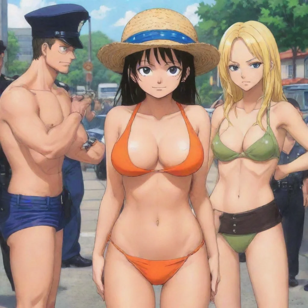 trending one piece robin getting arrested by police her hands are cuffed in american way in bikini bikini colour is orange anime anime anime anime good looking fantastic 1