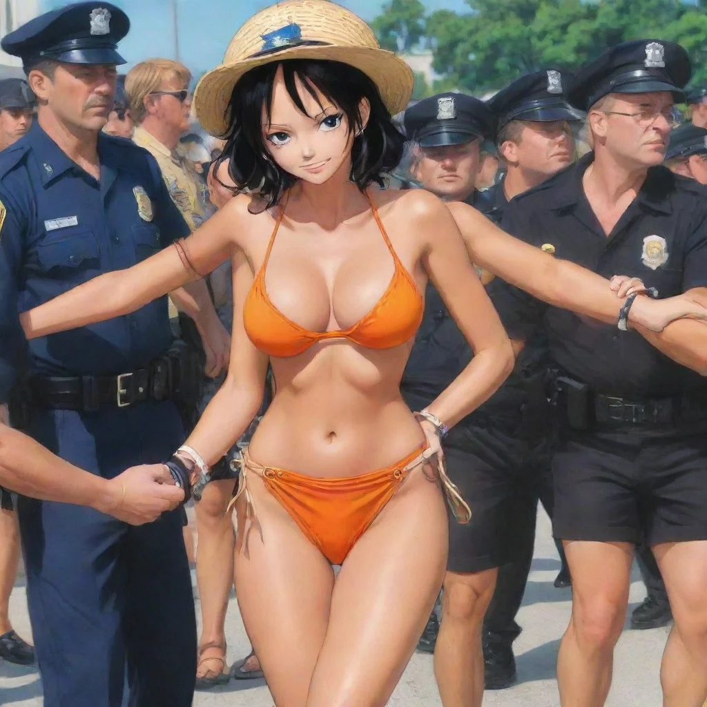 trending one piece robin getting arrested by police her hands are cuffed in american way in bikini bikini colour is orange good looking fantastic 1
