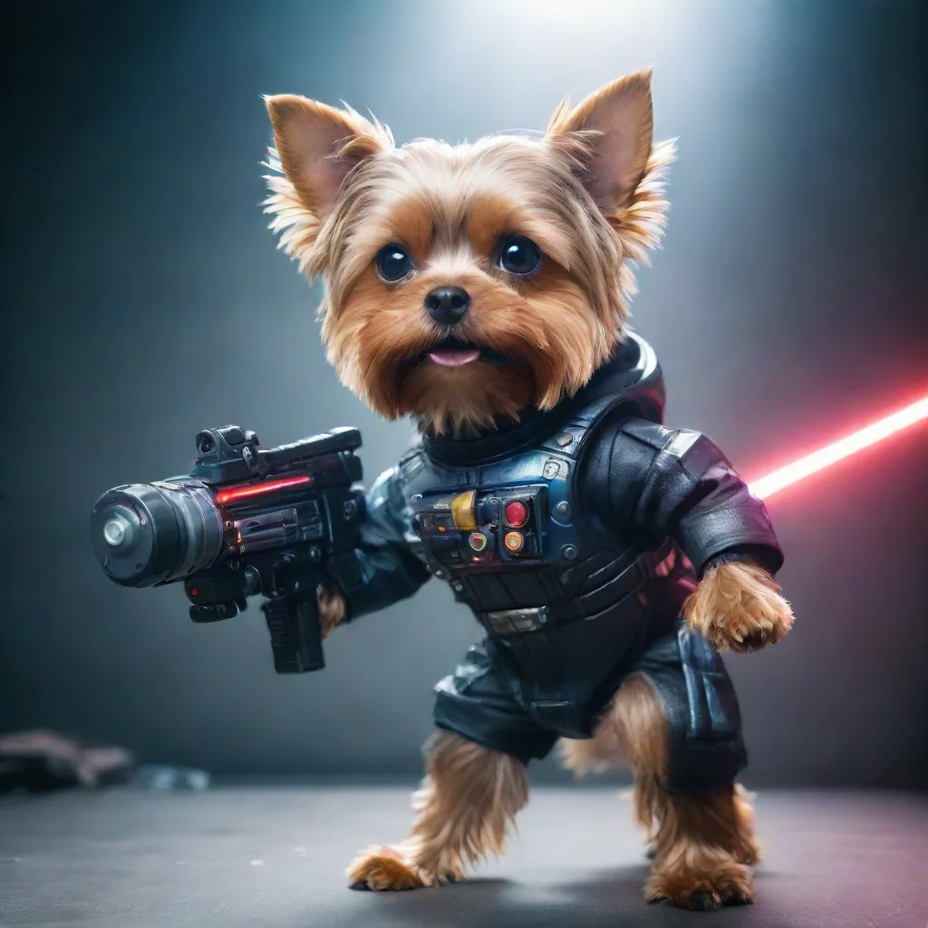 trending one yorkshire terrier in a cyberpunk space suit firing big weapon laser confident good looking fantastic 1