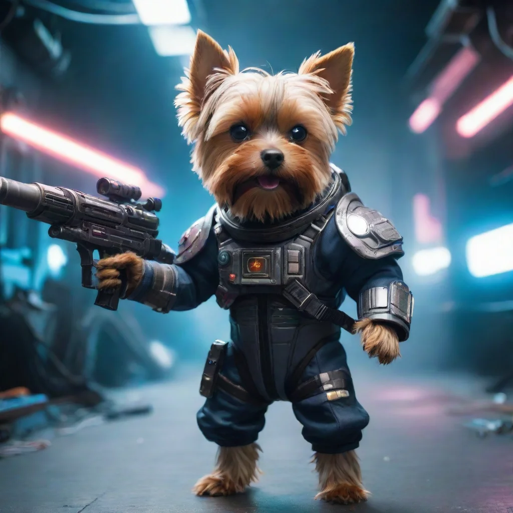 aitrending one yorkshire terrier in a cyberpunk space suit firing big weapon lot lighting confident engaging wow 3 good looking fantastic 1