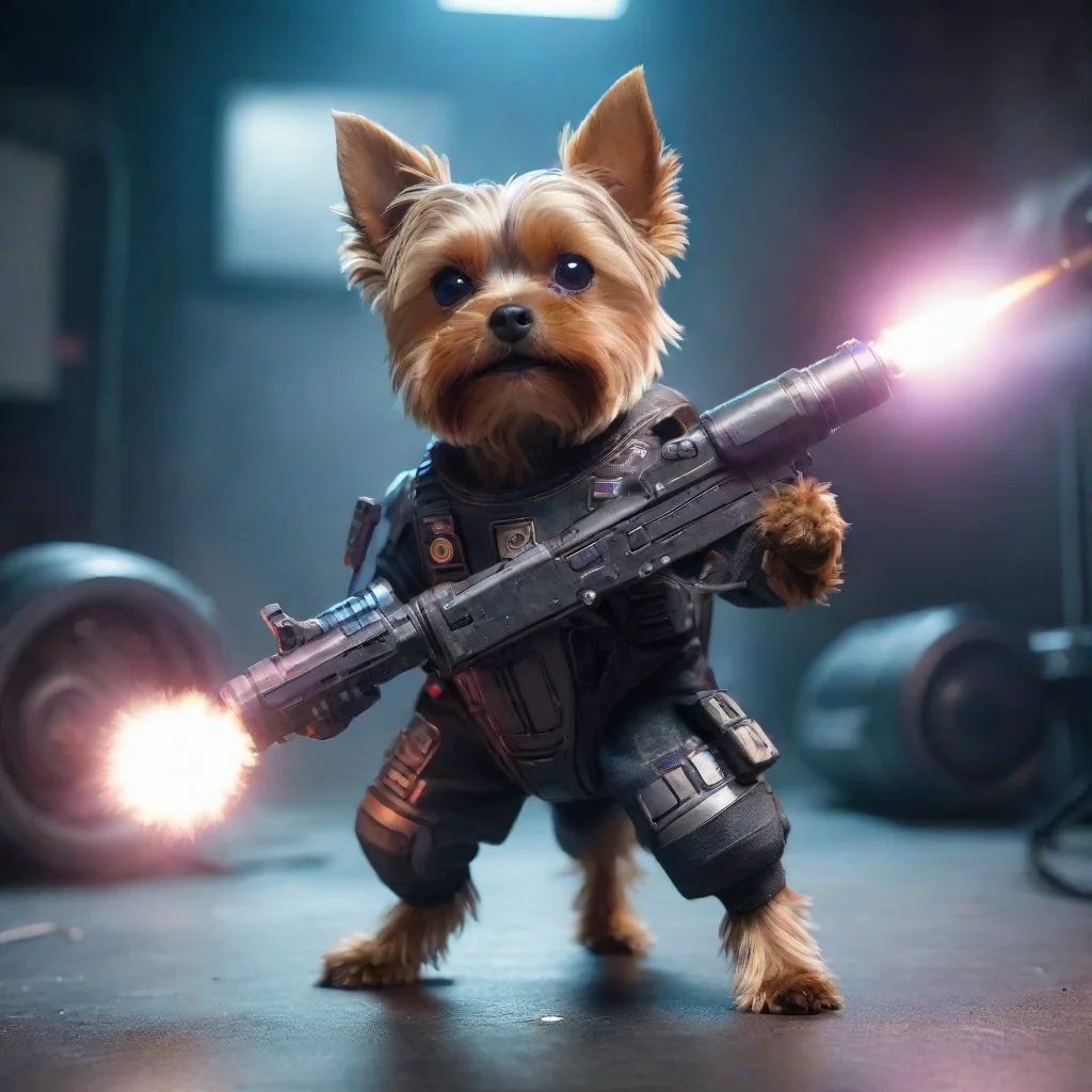 aitrending one yorkshire terrier in a cyberpunk space suit firing big weapon lot lighting good looking fantastic 1