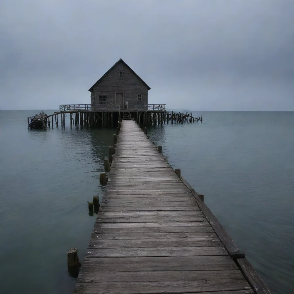 aitrending out at sea nearing a rundown wooden town%2C rundown dock shore hd spooky figure in distance good looking fantastic 1