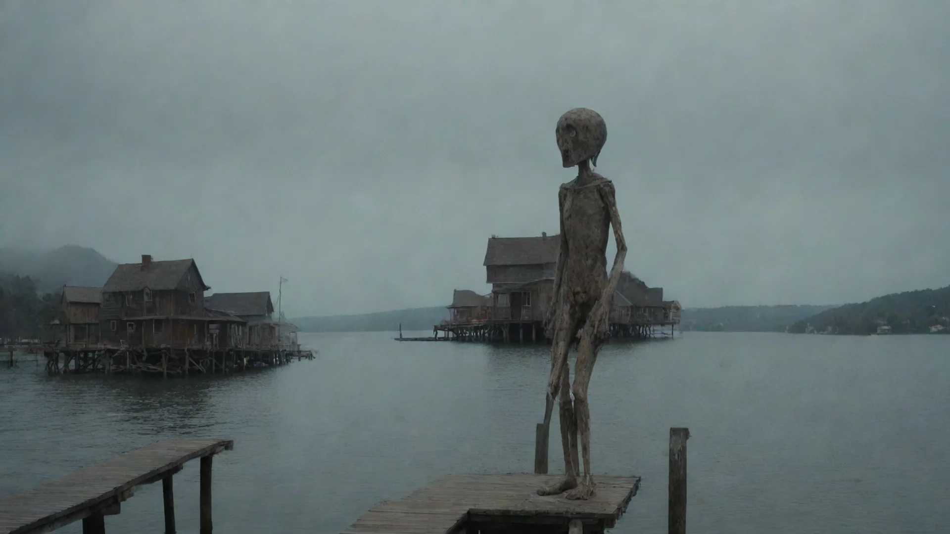 aitrending out at sea nearing a rundown wooden town%2C rundown scary figure on dock at shore hd good looking fantastic 1 wide