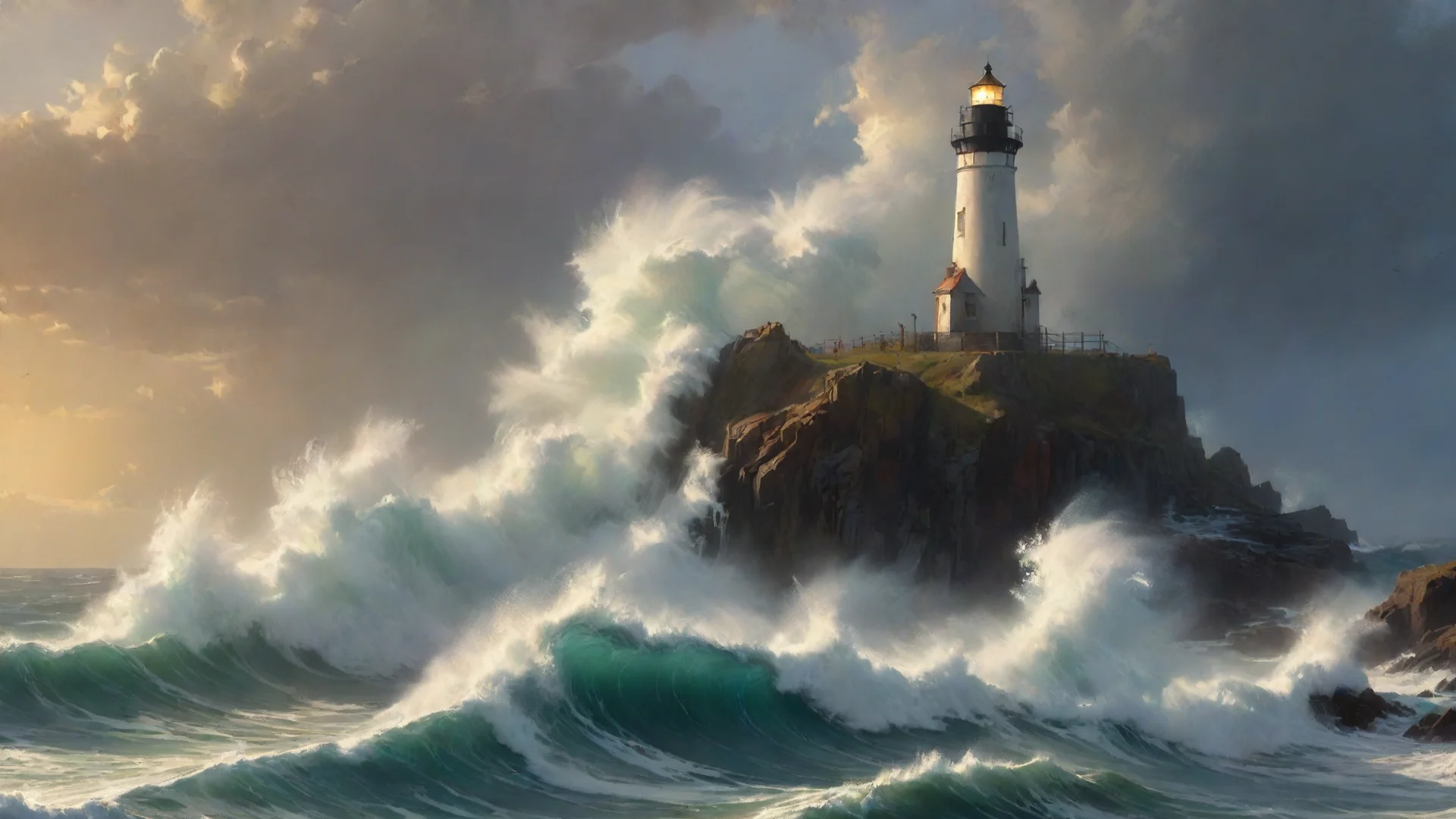 trending painting of waves crashing against tallrocks  lighthouse  dramatic lighting trending on artstation craig mullins magical atmosphere by renato muccillo a amazing good looking fantastic 1 wid
