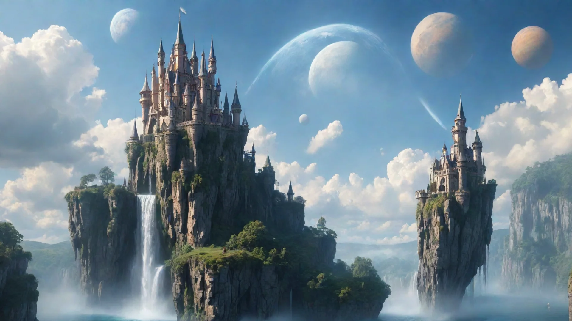 aitrending peaceful castle in sky epic floating castle on floating cliffs with waterfalls down beautiful sky with saturn planets good looking fantastic 1 wide