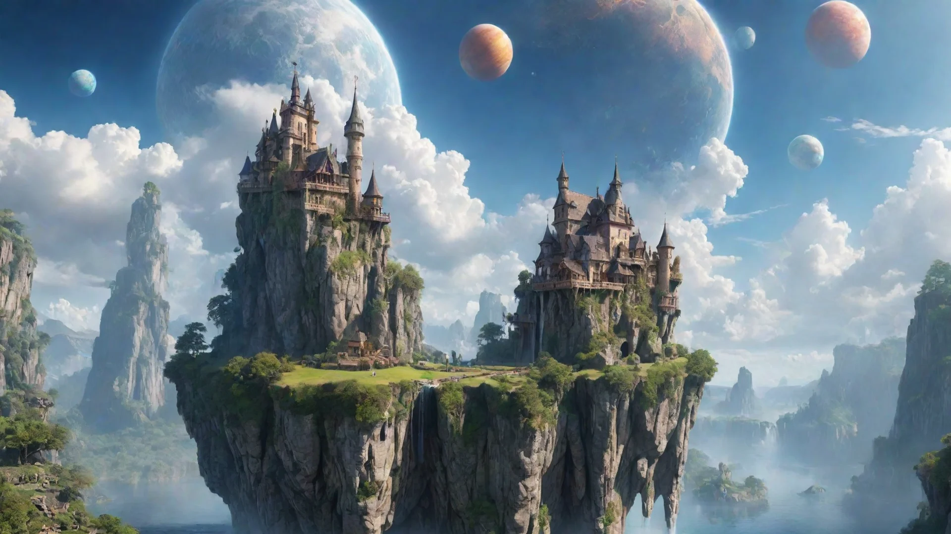 trending peaceful cottage in sky epic floating castle on floating cliffs with waterfalls down beautiful sky with planets good looking fantastic 1 wide