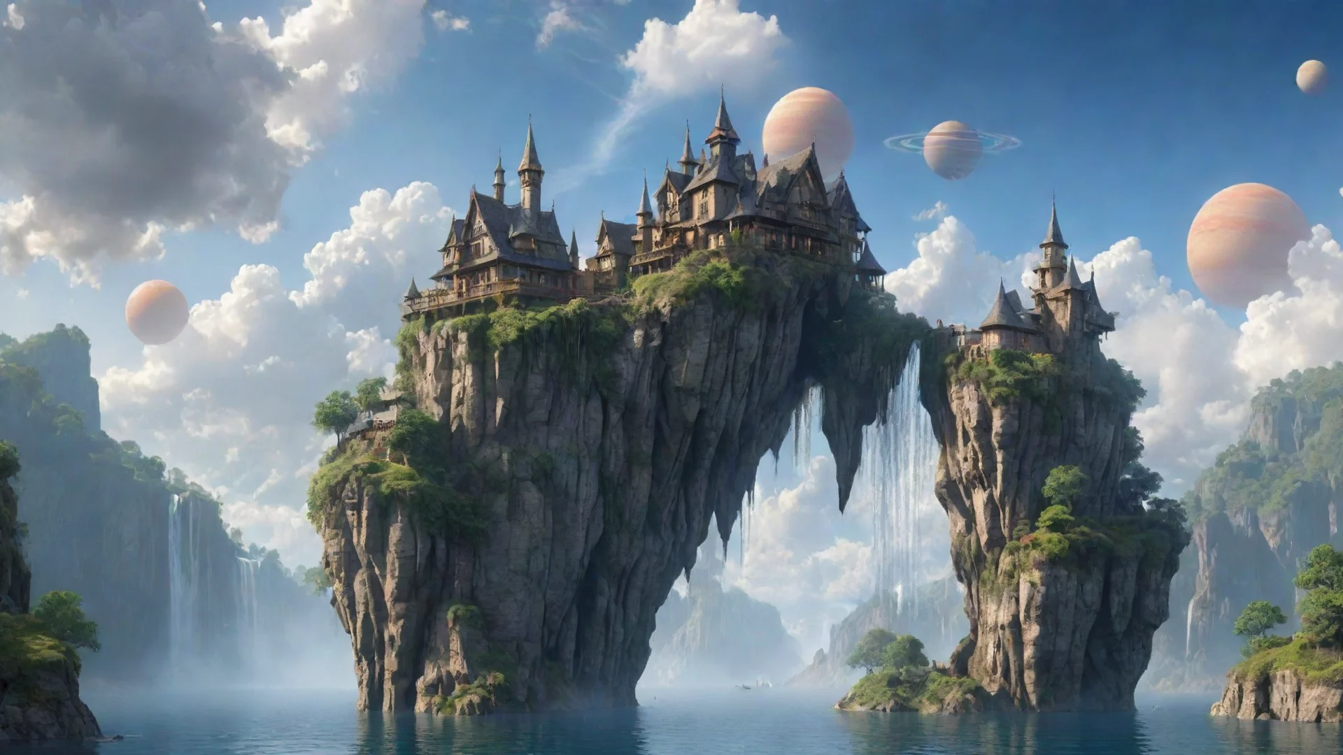 trending peaceful cottage in sky epic floating castle on floating cliffs with waterfalls down beautiful sky with saturn planets good looking fantastic 1 wide