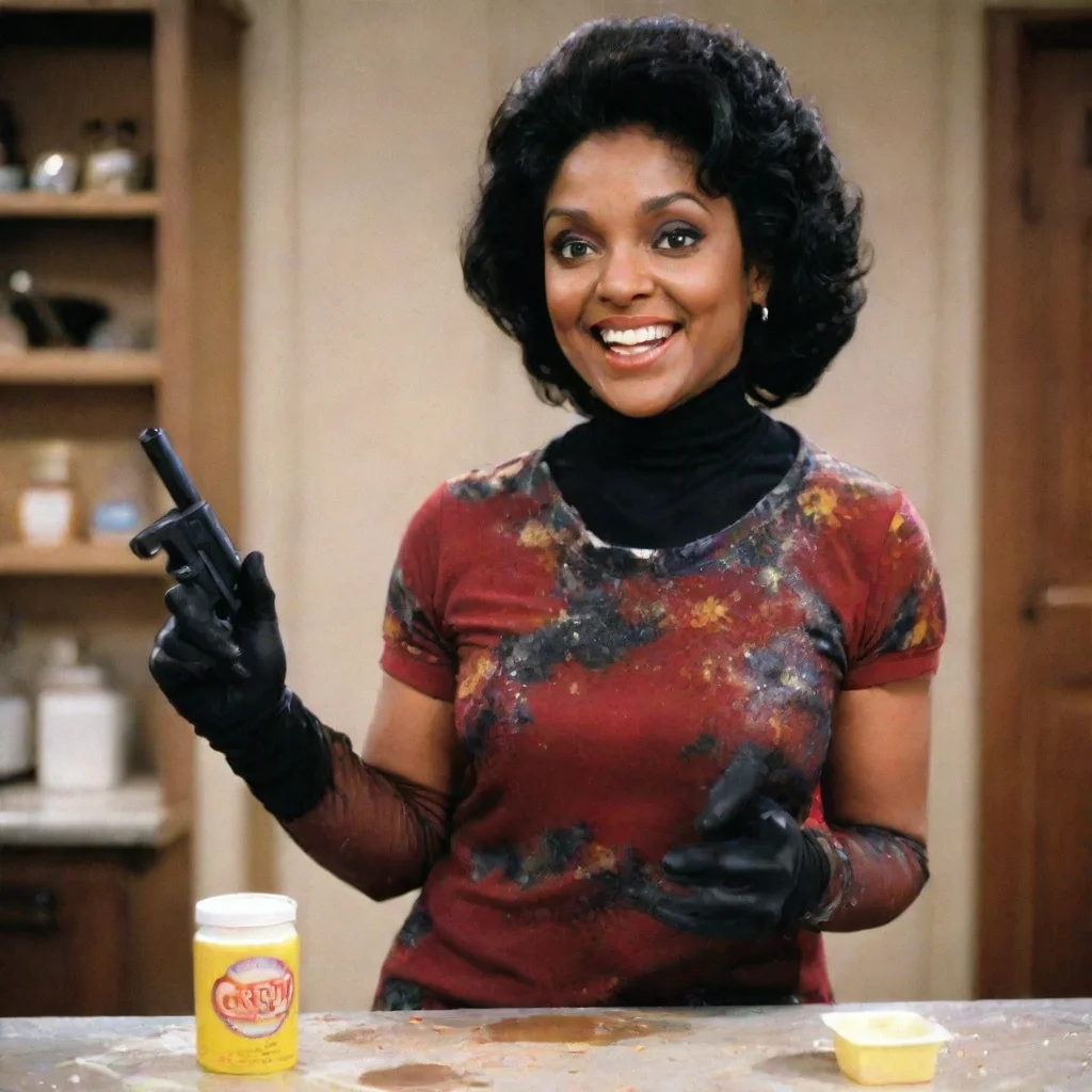 trending phylicia rashad as clair huxtable from the cosby show smiling  with black deluxe nitrile gloves and gun and mayonnaise splattered everywhere good looking fantastic 1