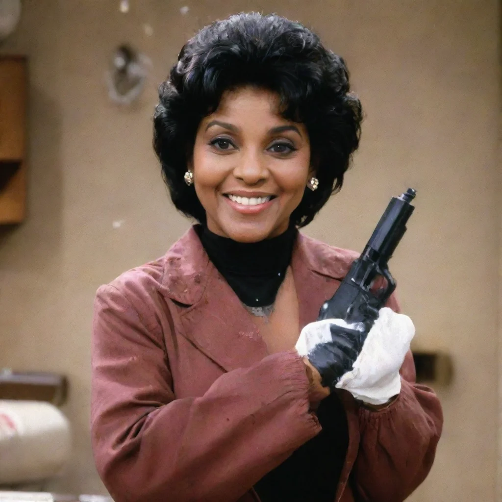 aitrending phylicia rashad as clair huxtable from the cosby show smiling  with black medical nitrile gloves and gun and mayonnaise splattered everywhere good looking fantastic 1