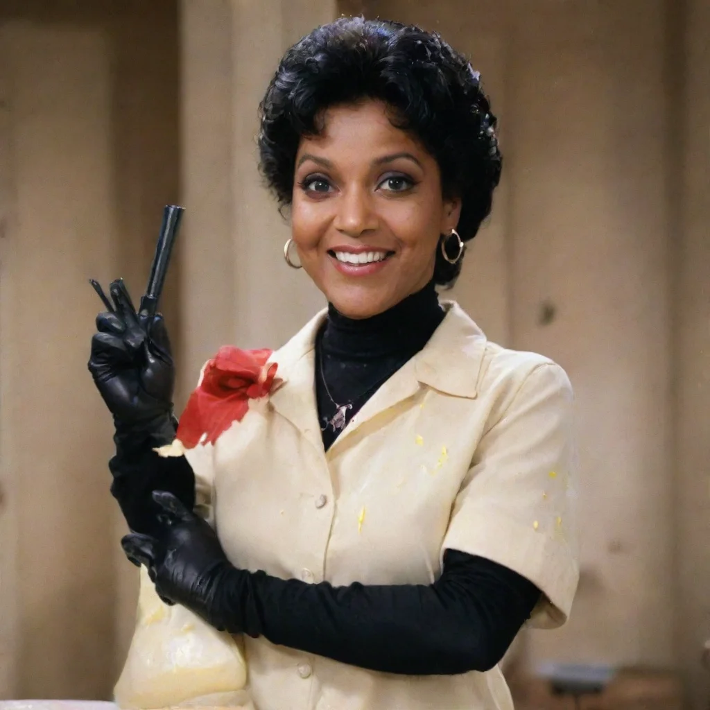 aitrending phylicia rashad as clair huxtable from the cosby show smiling  with black nitrile gloves and gun and mayonnaise splattered everywhere good looking fantastic 1