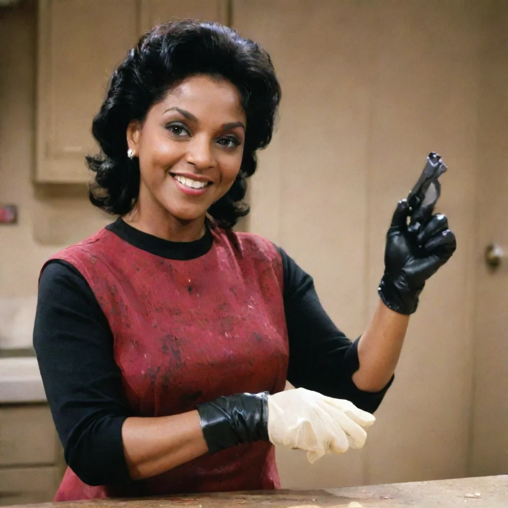 aitrending phylicia rashad as clair huxtable from the cosby show smiling  with black tough nitrile gloves and gun and mayonnaise splattered everywhere good looking fantastic 1