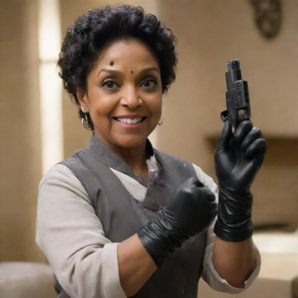 aitrending phylicia rashad from creed movie smiling  with black nice nitrile gloves and gun and mayonnaise splattered everywhere good looking fantastic 1